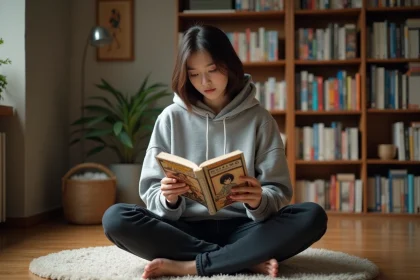 Jeune femme lisant un manga en version française dans un coin lecture cosy entouré d'étagères de mangas