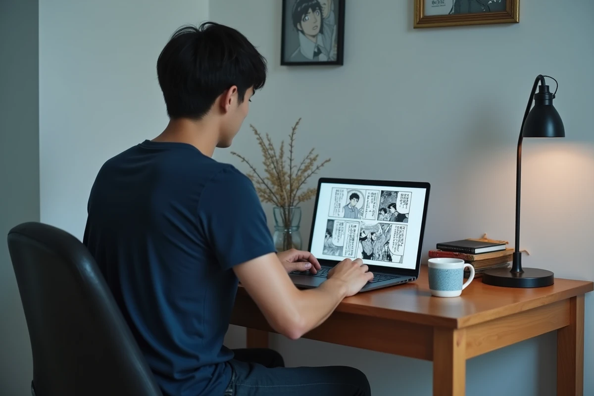 Jeune homme lisant un scan de manga en français sur son ordinateur portable à son bureau, dans un contexte de lecture numérique sécurisée