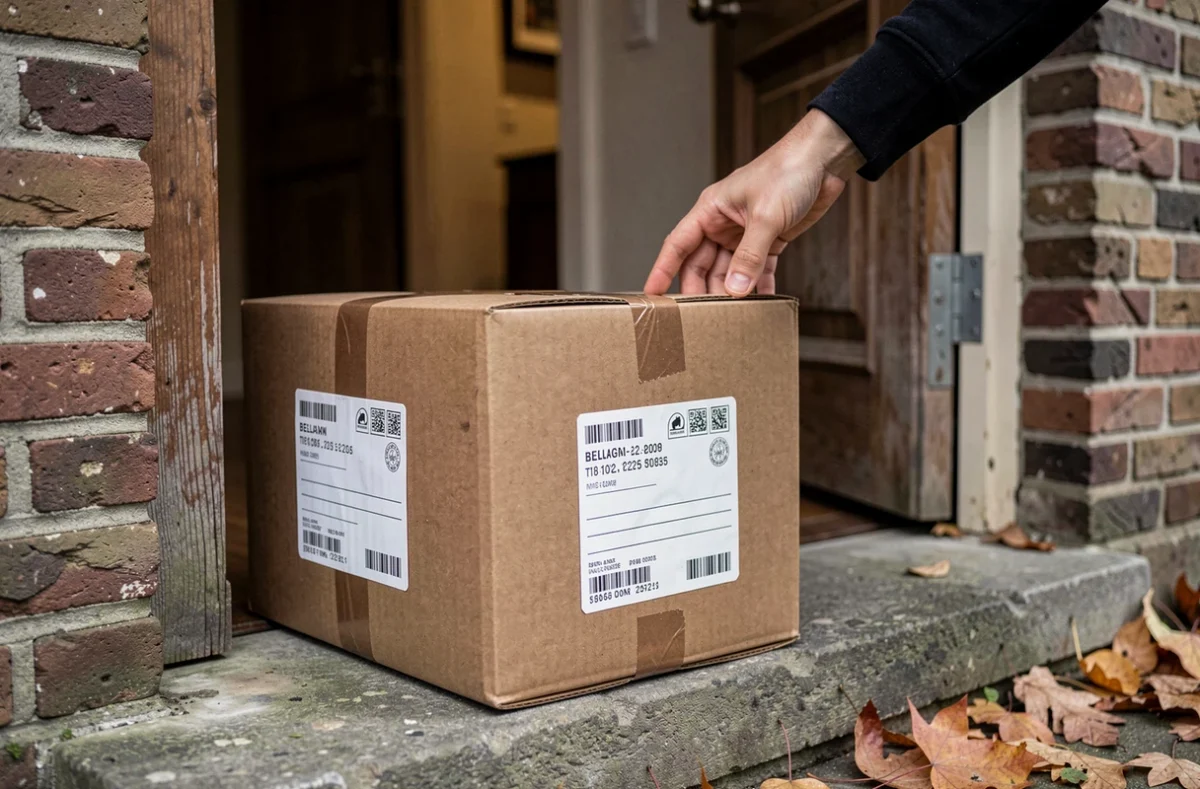 Colis de livraison de tabac reçu à domicile en Belgique avec étiquettes postales visibles