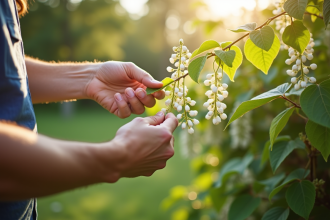 Mains de jardinier tenant une glycine saine en plein jour