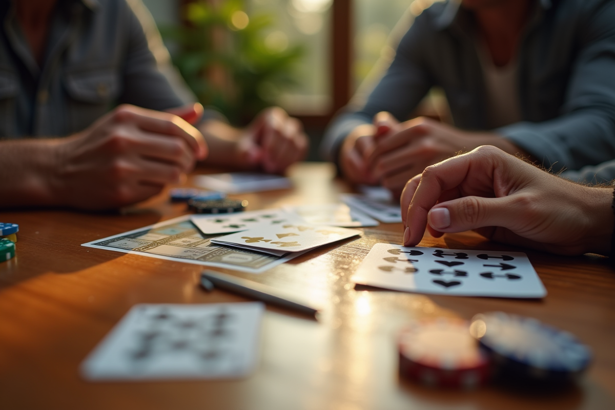 Mains disposant des cartes sur une table en bois lors d