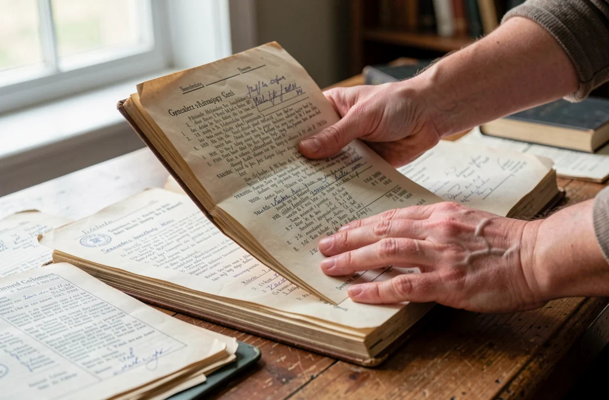 Mains feuilletant un livre de généalogie et des actes anciens