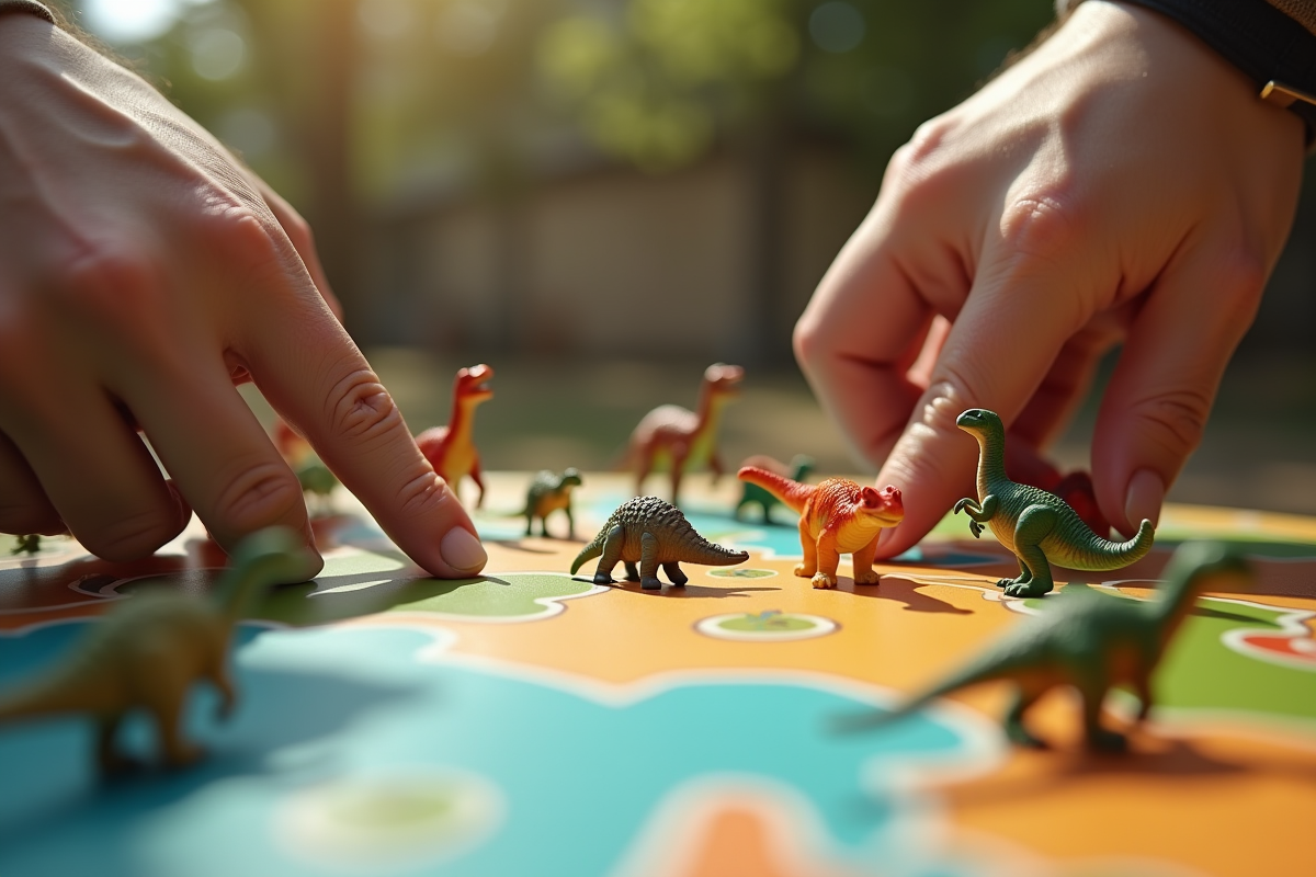 Mains manipulant des pièces de jeu dinosaure sur un plateau coloré