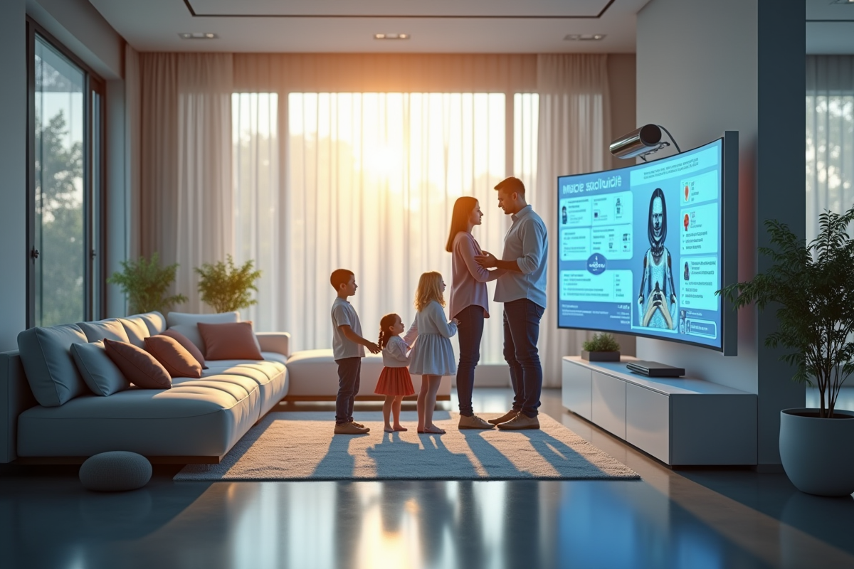 Famille dans une maison moderne avec assistants virtuels et robots intelligents
