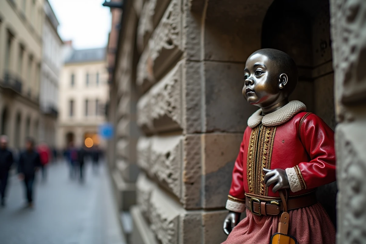 Manneken-Pis en costume traditionnel brodé visible dans son alcôve à Bruxelles