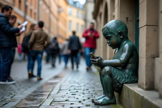 Manneken-Pis de jour à Bruxelles entouré de touristes dans la rue de l'Étuve