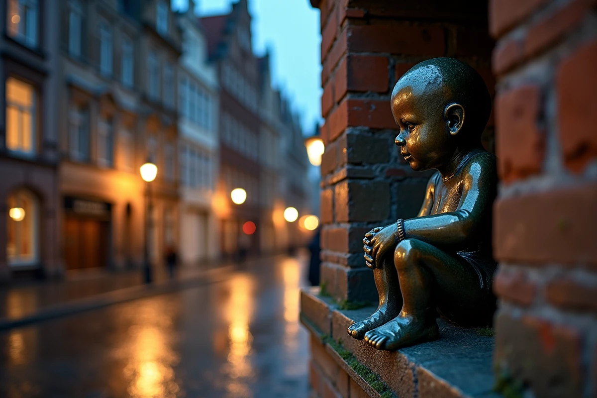 Manneken-Pis de nuit sous les lumières de Bruxelles avec reflets sur les pavés mouillés