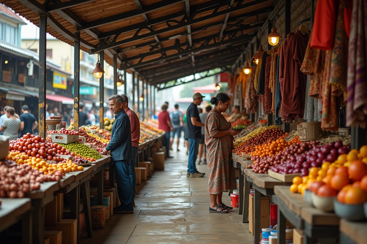 Marché international animé représentant la diversité économique et culturelle des pays commençant par F à travers leurs produits locaux