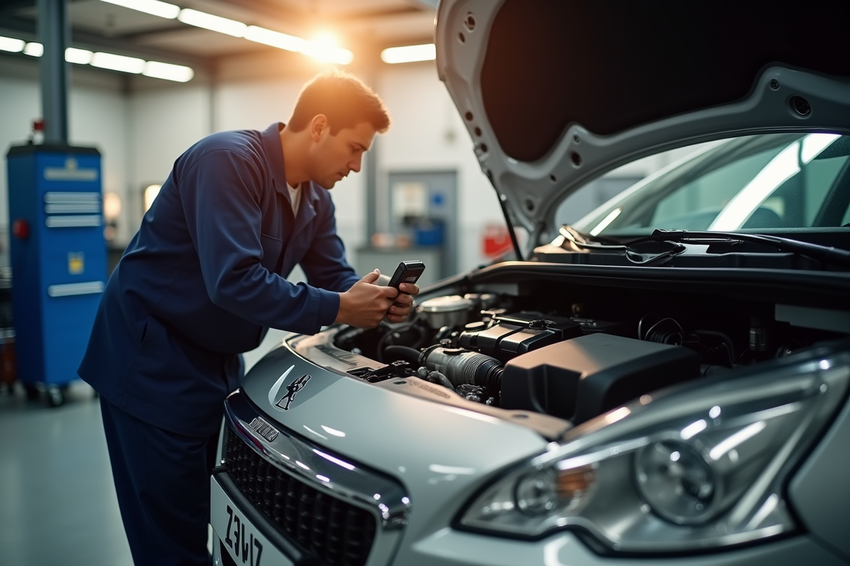 Mécanicien inspectant le moteur d'une Peugeot 1,6 HDi dans un garage ensoleille