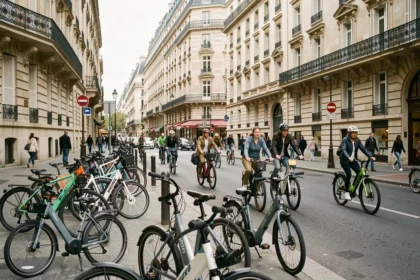 Vue d'ensemble de vélos électriques dans une rue parisienne typique avec architecture haussmannienne