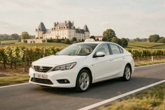 Taxi traversant la campagne du Centre-Val de Loire avec des châteaux en arrière-plan