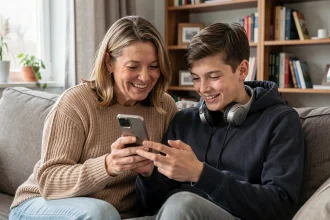 Mère et adolescent regardant ensemble des vidéos sur un smartphone dans un salon moderne, illustrant une conversation intergénérationnelle sur les tendances internet