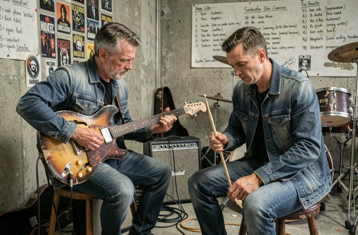 Deux musiciens répétant le rythme et la structure des chansons de Téléphone dans un garage