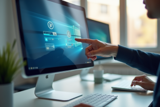 Ordinateur de bureau moderne avec main qui clique sur Bluetooth