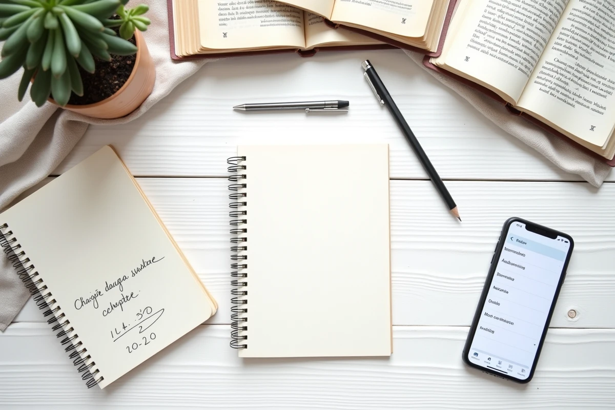 Vue aérienne d'une organisation de chapitres de manga avec cahier de notes et smartphone affichant un scan en VF