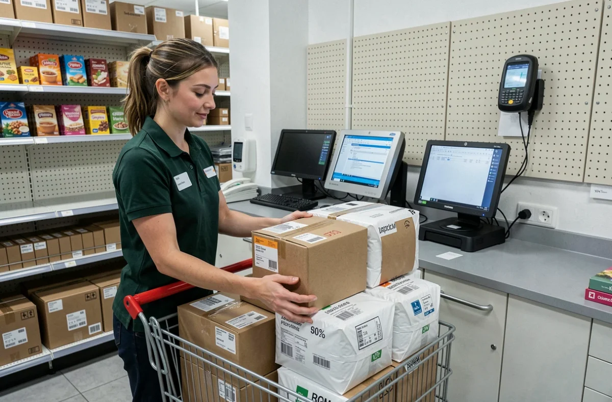 Employée du SP Supermarché de Châtillon organisant les colis du service relais derrière le comptoir