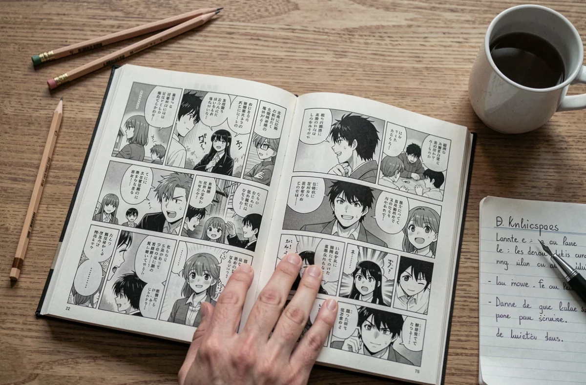 Gros plan sur les pages ouvertes d'un manga One Piece avec notes d'analyse du chapitre Mange-montagne