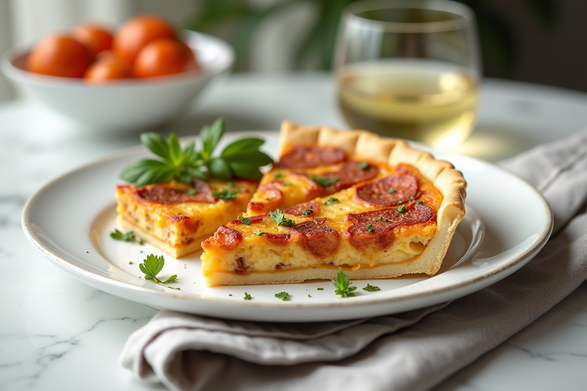 Partie de quiche au chorizo servie sur une assiette blanche avec vin blanc