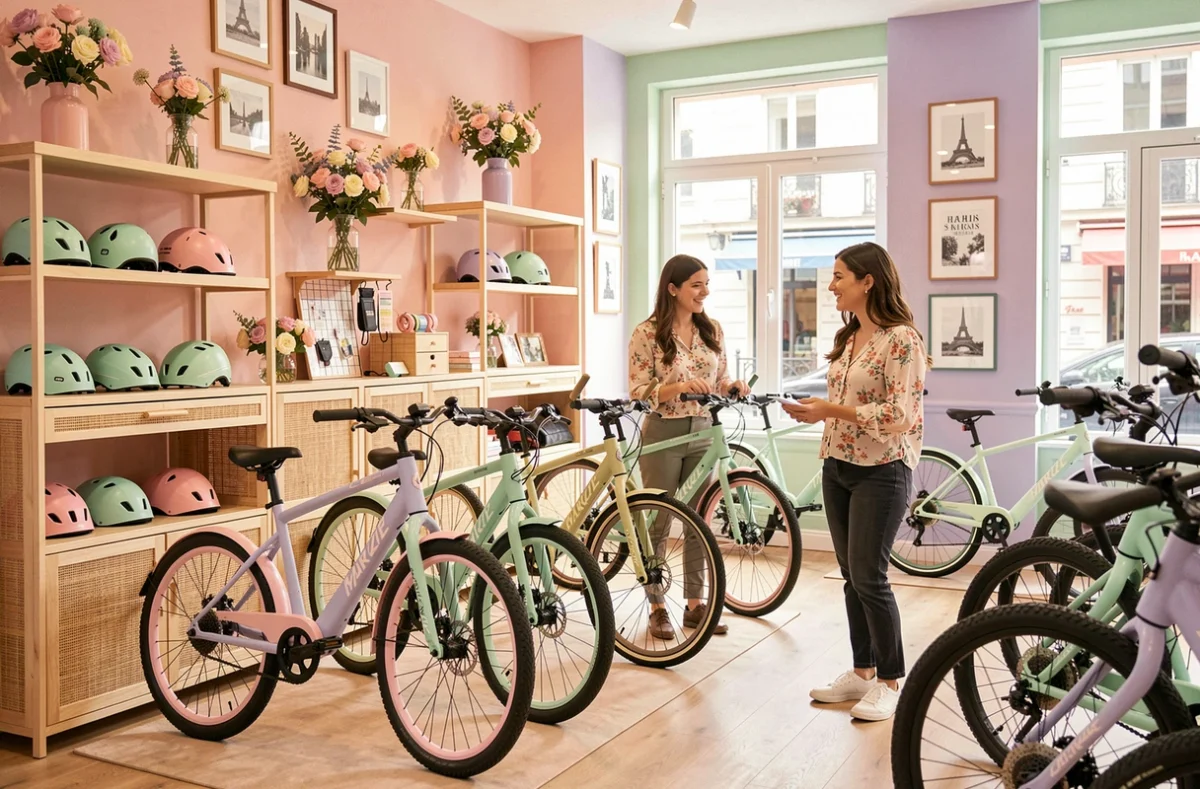 Boutique Pastel Paris avec vélos électriques aux couleurs pastels exposés dans un cadre décoratif parisien