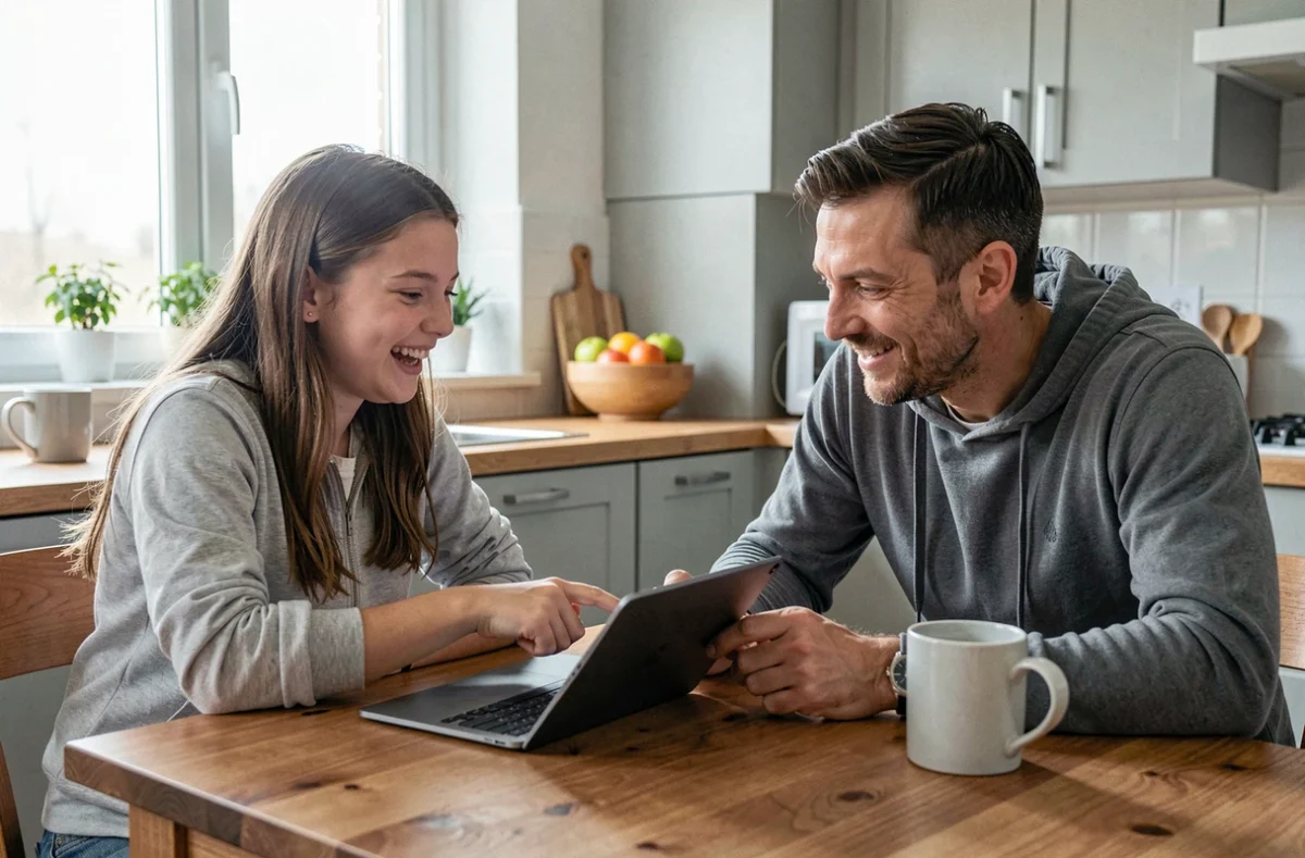 Père et adolescente discutant de contenus internet autour d'une tablette dans une cuisine familiale, scène naturelle de dialogue intergénérationnel