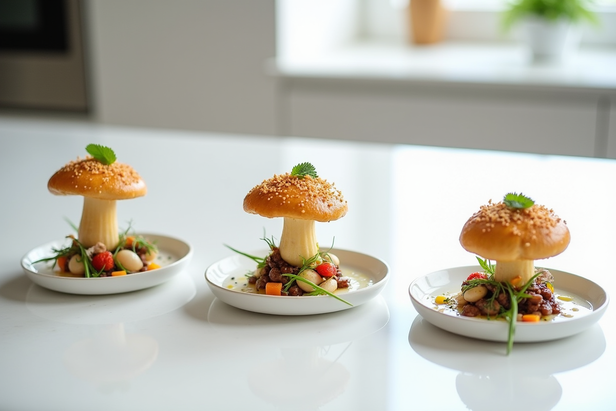 Assiettes modernes avec recettes créatives de girolles