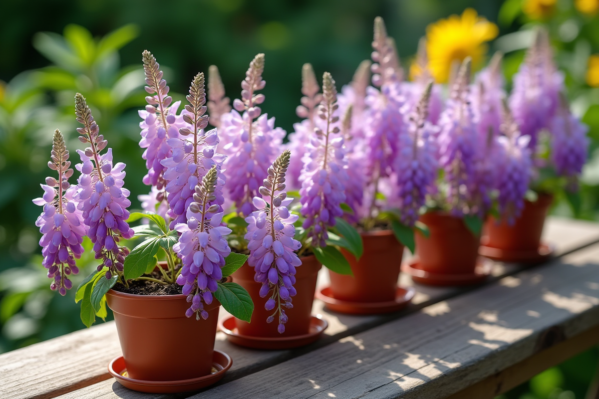Plusieurs pots de glycine sur une table en bois au matin