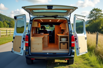Véhicule Peugeot Expert aménagé en camping-car en campagne