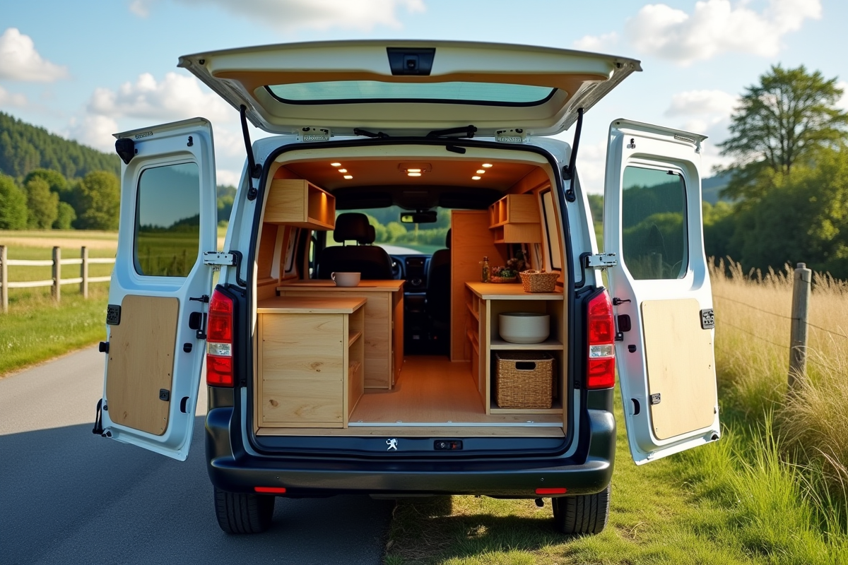 Véhicule Peugeot Expert aménagé en camping-car en campagne