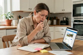 Mère de famille planifiant simultanément les vacances 2026 et la rentrée scolaire sur un agenda papier et un ordinateur portable