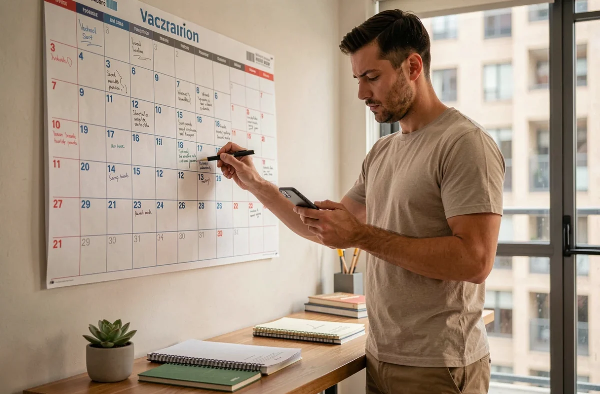 Homme organisant son planning annuel en combinant dates de vacances et rentrée scolaire 2026 sur un grand calendrier mural