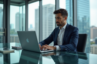 Jeune homme en costume navy travaillant sur un ordinateur blockchain