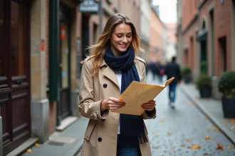 Femme se promenant à pied dans les rues pavées du vieux Lille un week-end d'automne