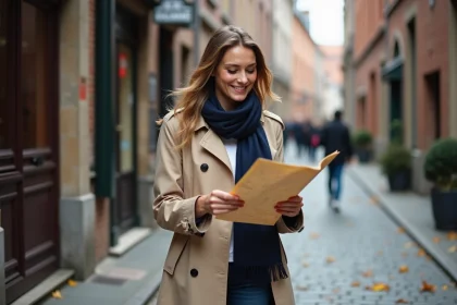 Femme se promenant à pied dans les rues pavées du vieux Lille un week-end d'automne