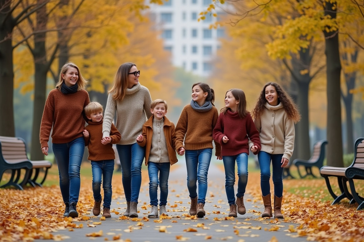 Famille mixte se promenant dans un parc automnal en souriant