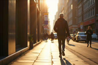 Personne marchant rapidement sur un trottoir en ville en plein soleil