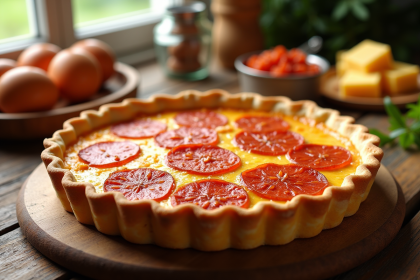 Quiche au chorizo fraîche sortie du four sur une table en bois