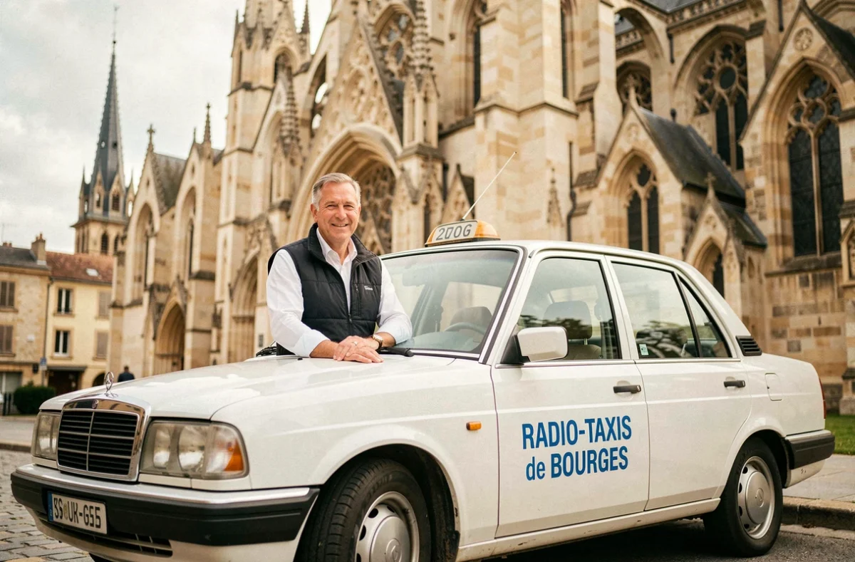 Taxi Radio-Taxis de Bourges garé près de la cathédrale Saint-Étienne avec son chauffeur