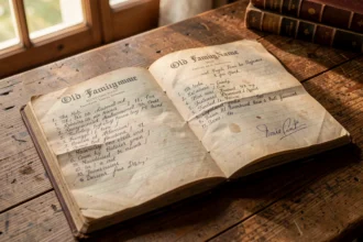 Registre ancien ouvert sur une table en bois