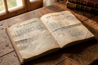 Registre ancien ouvert sur une table en bois