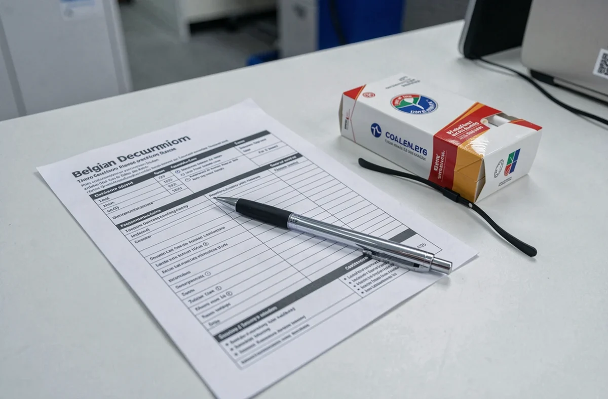 Formulaire de déclaration douanière belge posé à côté d'une cartouche de cigarettes pour illustrer la réglementation