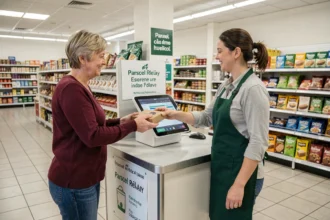 Remise d'un colis au relais colis du supermarché SP à Châtillon, interaction entre cliente et employé au comptoir