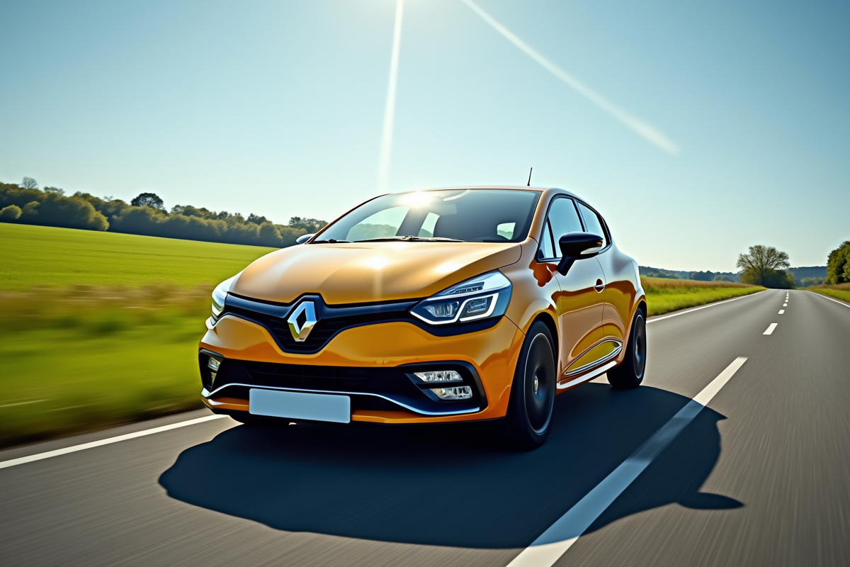 Renault Clio en conduite dans la campagne verte ensoleillee