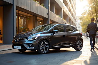 Renault Clio moderne devant un bâtiment urbain ensoleille