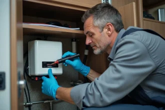 Technicien inspectant un chauffage Truma Combi 4 à l'intérieur d'un camping-car avec un multimètre et une lampe torche