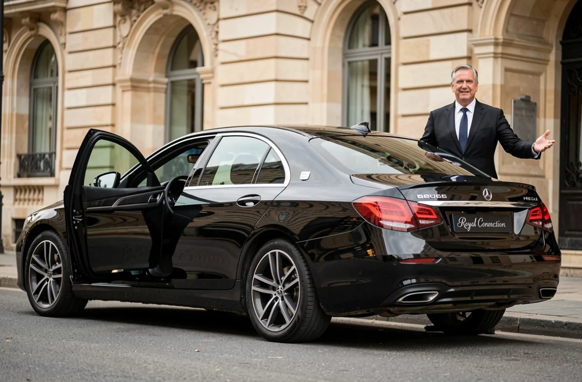 Berline noire haut de gamme Royal Connection avec chauffeur en costume devant un bâtiment en pierre