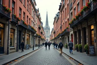 Vue de la Rue d'Angleterre à Lille avec ses façades flamandes en briques rouges et ses pavés, ambiance automnale animée
