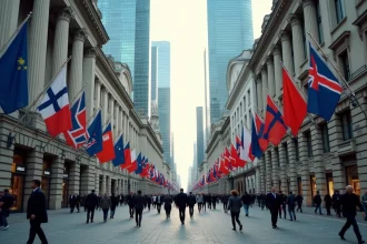 Rue financière animée avec gratte-ciels modernes et drapeaux de pays commençant par F représentant différentes économies mondiales