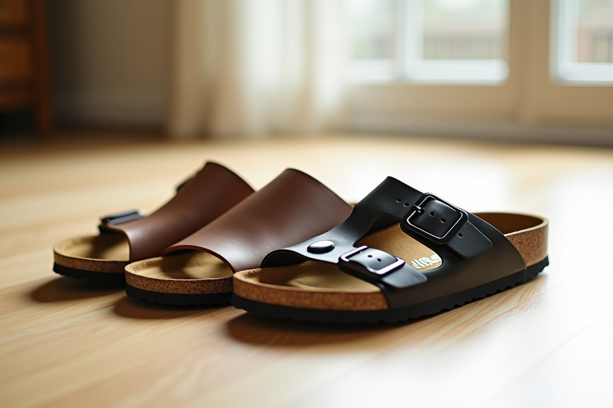 Sandales Scholl et Birkenstock alignées sur un sol en bois clair