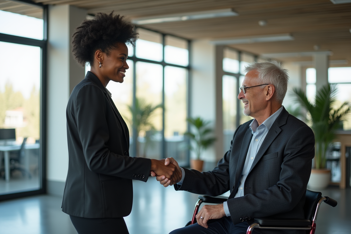 Femme avec afro serre la main d