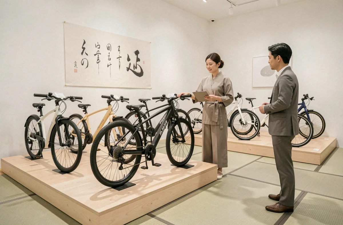 Boutique Shirokuma Paris au design japonais minimaliste avec vélos électriques exposés sur podiums en bois